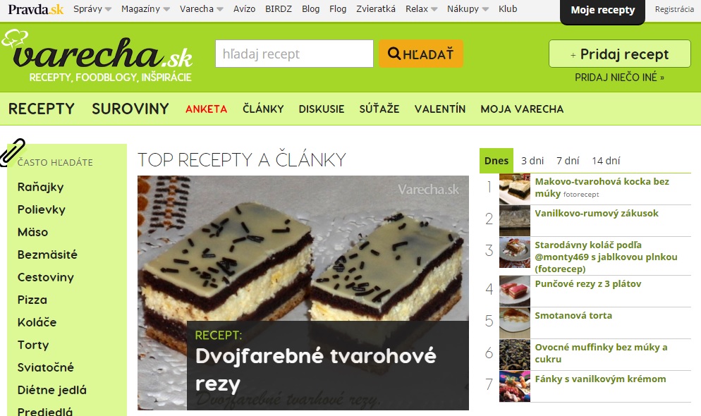 Web Varecha.sk ako vyzeral v roku 2016