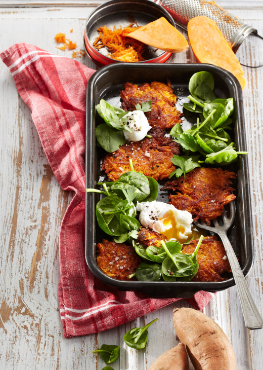 Batatové rösti s listovým špenátom a strateným vajcom