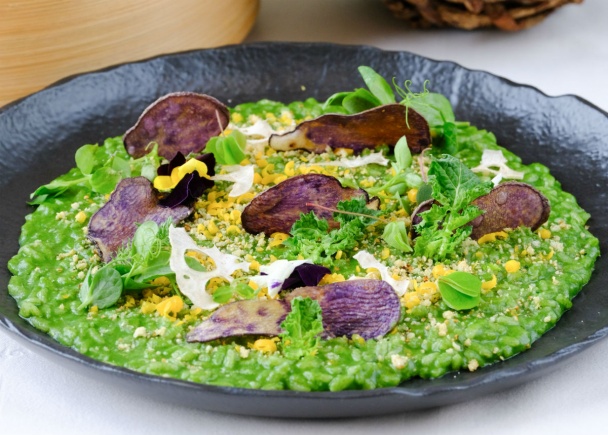 Žihľavové rizoto s chrenovým pangratattom a fialovým zemiakom