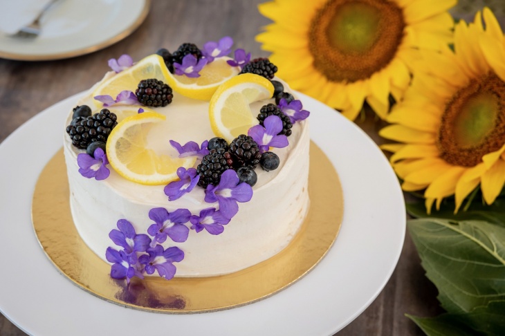 Citrónová torta s fialkovým krémom a čučoriedkami