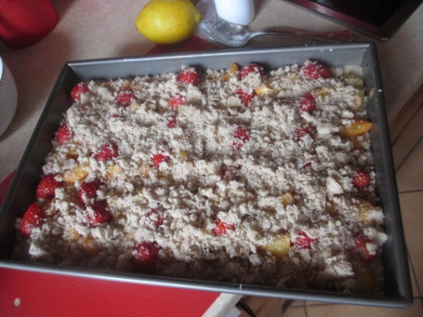 Jednoduchý hrnčekový ovocný koláč s tvarohom a posýpkou (fotorecept)  - obrázok 6