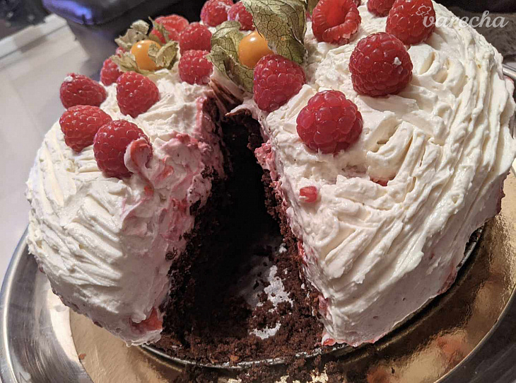 Malinová torta s osviežujúcim tvarohovo-mascarpone krémom a čokoládovo-orieškovým korpusom
