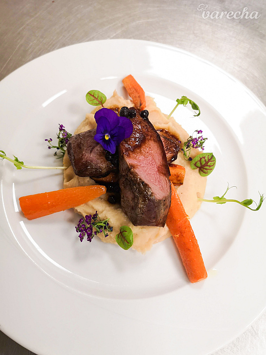 Jelení chrbát, paštrnákové pyré, konfitovaná mrkva a zverinový demi-glace