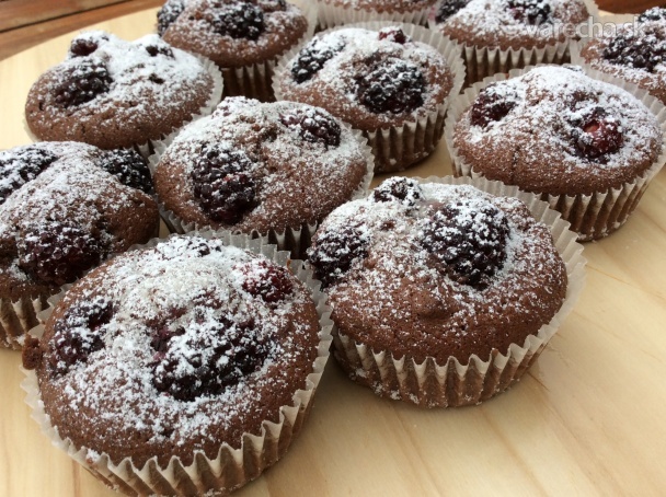 Kakaové Madlenky s kúskami čokolády a černicami v muffinovej forme