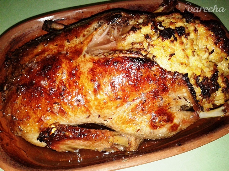 Pečená mladá kačica s broskyňovo-kuracou plnkou (fotorecept)