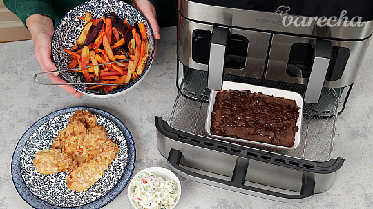 Trojchodové menu z teplovzdušnej fritézy. Pestré hranolčeky, mandľové rezne a jednoduchý perník
